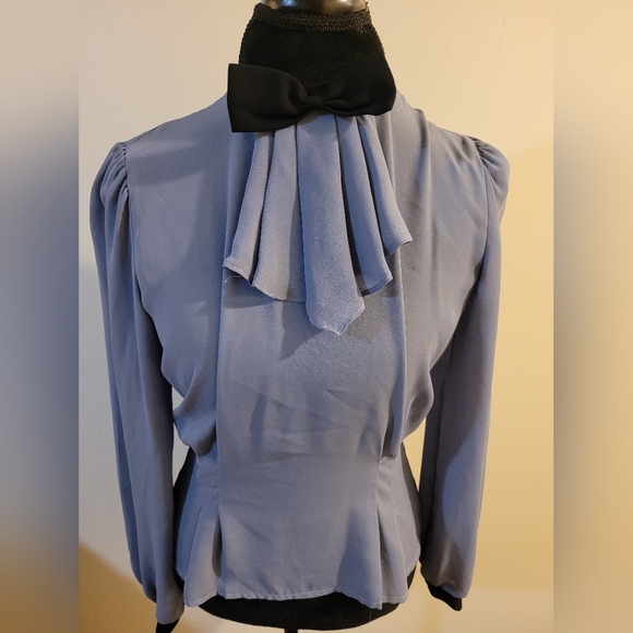 Tops - Grayish Blue Bib Collar With Bow Vintage Blouse